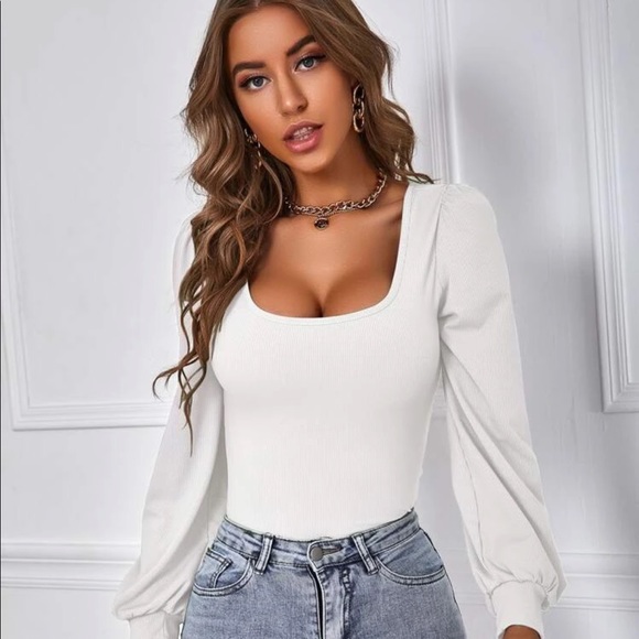 Shein Scoop Neck Bishop Sleeve Tee 